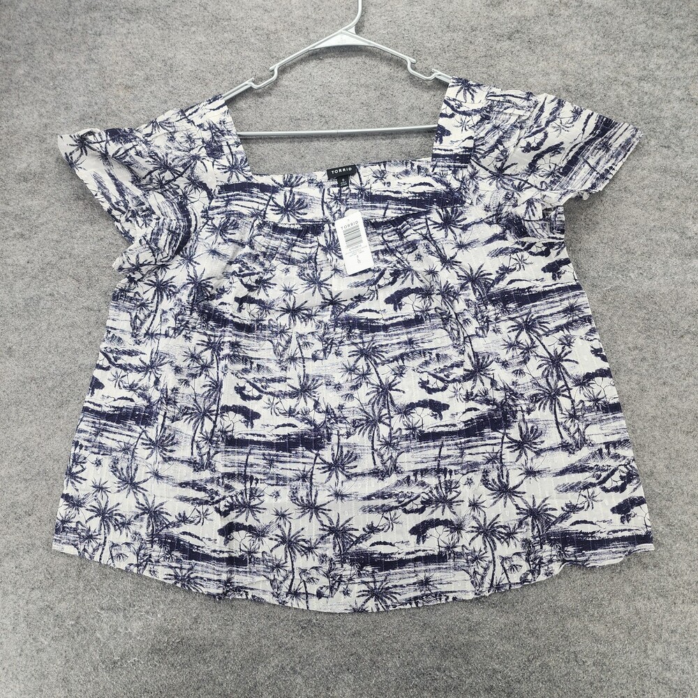Torrid Shirt Womens 0 US Large Short Sleeve White Blue Floral Square Neck